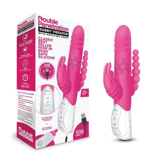Περιστρεφόμενος Δονητής Τριπλής Διέγερσης - Double Penetration Rotating Rabbit Vibrator Pink Sex Toys 