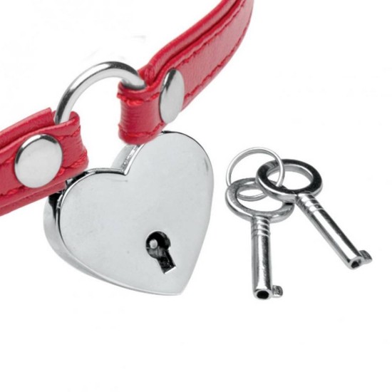 Δερμάτινο Κολάρο Με Καρδιά Λουκέτο - Heart Lock Collar With Keys Red Fetish Toys 