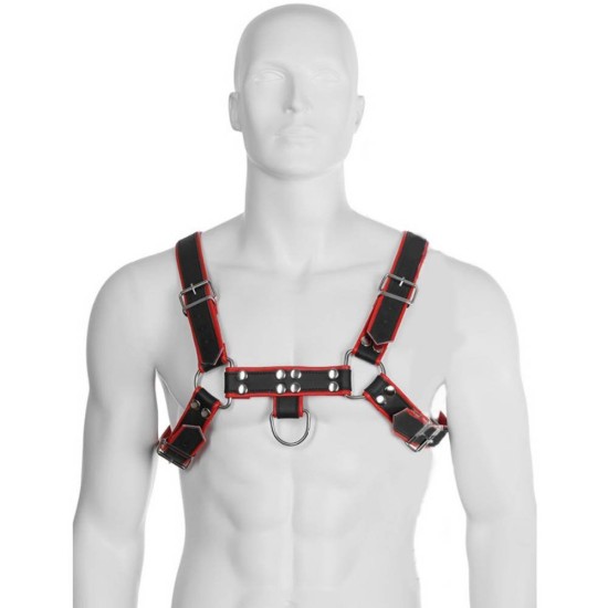 Ανδρικά Δερμάτινα Λουριά Ένδυσης - Leather Body Chain Harness No.3 Black/Red Ερωτικά Εσώρουχα 