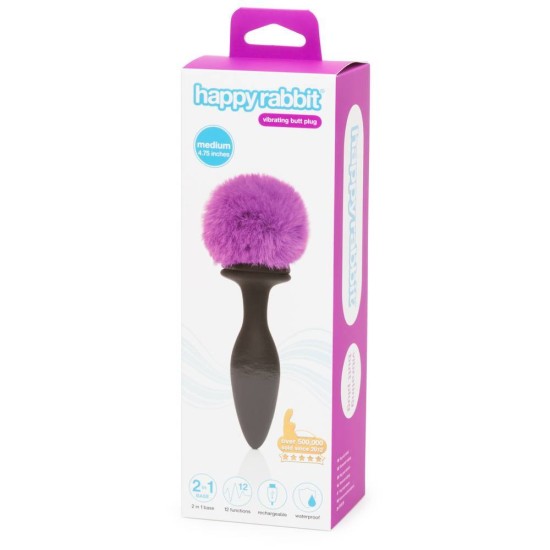 Δονούμενη Σφήνα Με Κόσμημα Και Ουρά - Dual Base Vibrating Butt Plug Medium Black/Purple Sex Toys 