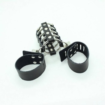 Κλουβί Πέους Με Δέστρες Για Όρχεις - Leather Strap Metal Cock Cage With Ball Divider