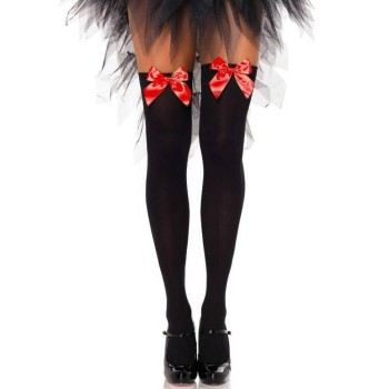 Opaque Thigh Highs With Red Satin Bow Black