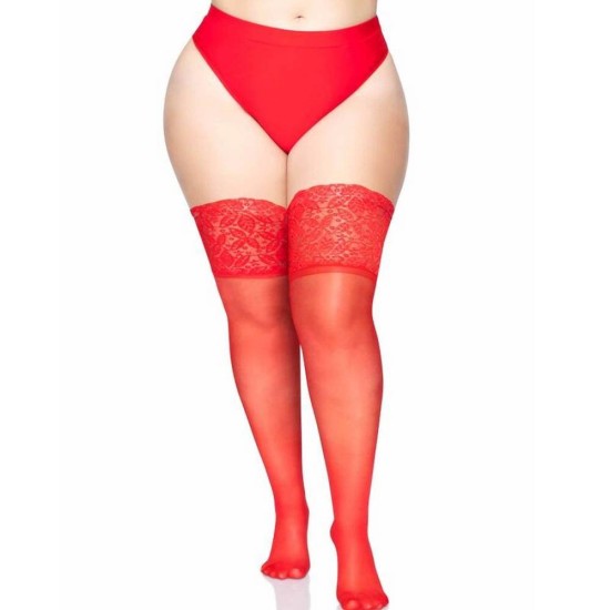 Spandex Sheer Thigh Highs With Lace 9750 Red Erotic Lingerie 