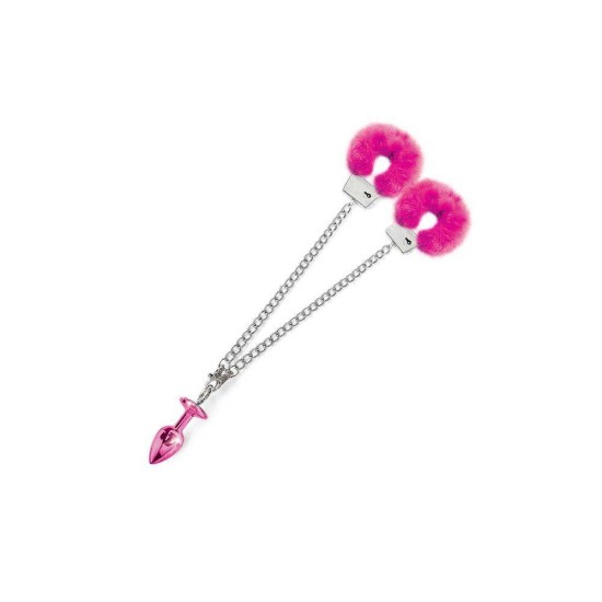 Metal Butt Plug Medium With Furry Cuffs Set Pink Sex Toys