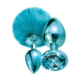 Σετ Σφήνες Με Κόσμημα Και Ουρά - Metal Butt Plug Set Pom Pom And Jewel Blue