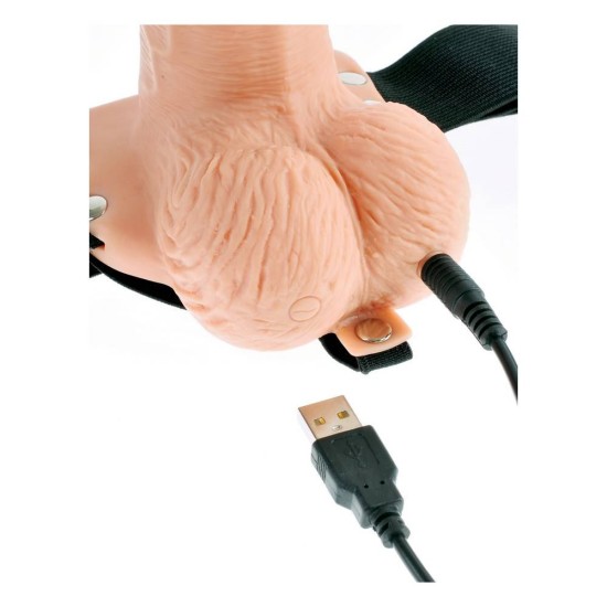 Κούφιο Ομοίωμα Με Ζώνη - Hollow Rechargeable Strap On With Remote 15cm Beige Sex Toys 