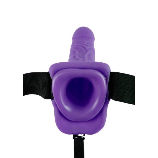 Δονούμενο Κούφιο Πέος Με ζώνη - Vibrating Hollow Strap On With Balls Purple 18cm Sex Toys 