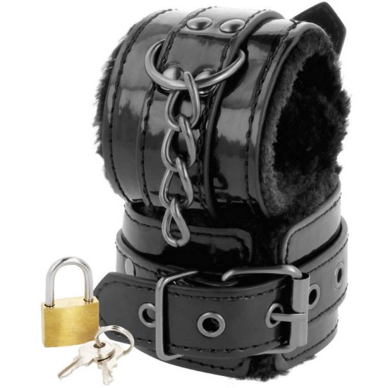 Black Hancuffs With Fur And Padlock Fetish Toys 