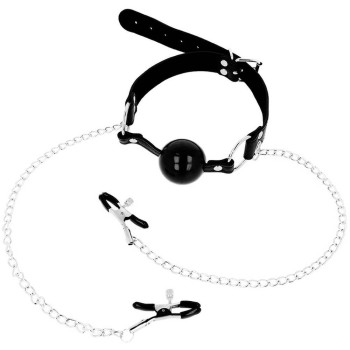 Ohmama Ball Gag With Nipple Clamps Black