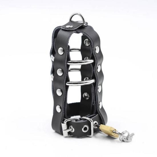 Ohmama Lockable Leather Penis Cage With Rings Fetish Toys 