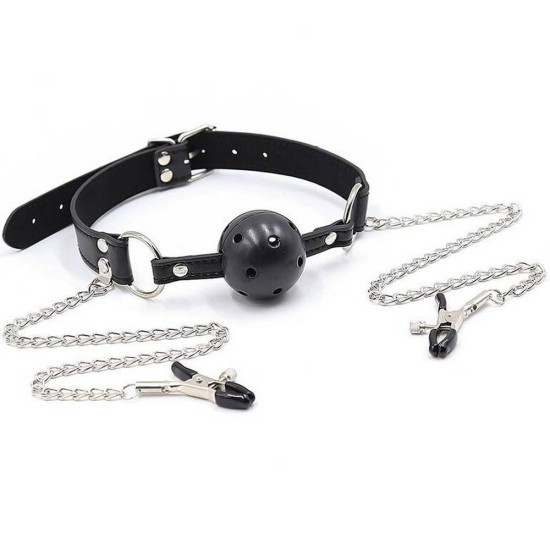 Κλιπ Θηλών Και Φίμωτρο Με Τρύπες - Ohmama Breathable Ball Gag With Nipple Clamps Fetish Toys