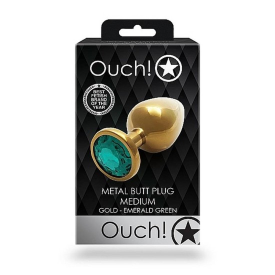 Metal Butt Plug Round Gem Medium Gold Emerald Sex Toys