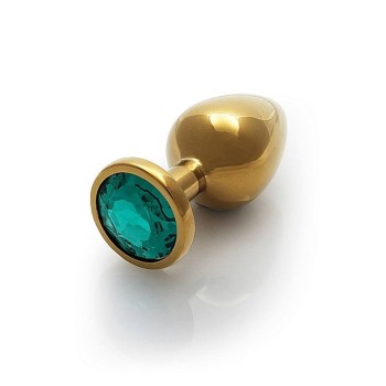 Metal Butt Plug Round Gem Medium Gold Emerald