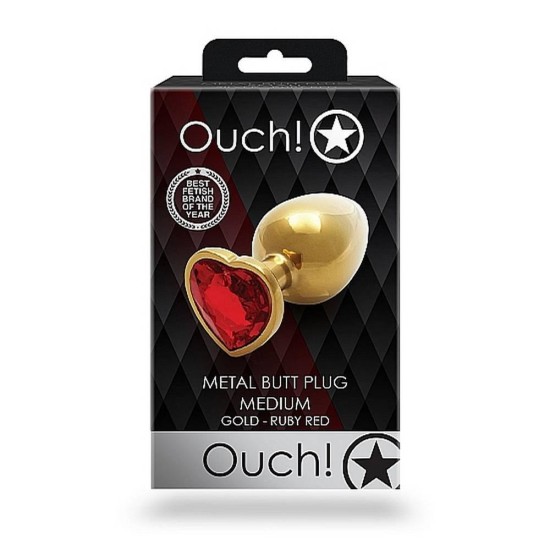 Σφήνα Με Κόσμημα - Metal Butt Plug Heart Gem Medium Gold Red Sex Toys 