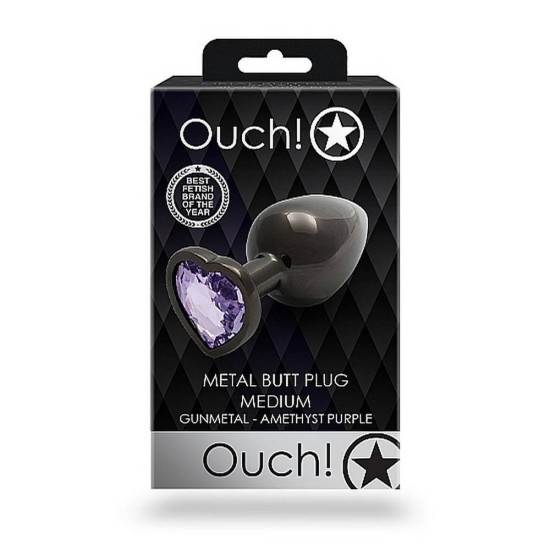 Σφήνα Με Κόσμημα - Metal Butt Plug Heart Gem Medium Gunmetal Amethyst Sex Toys 