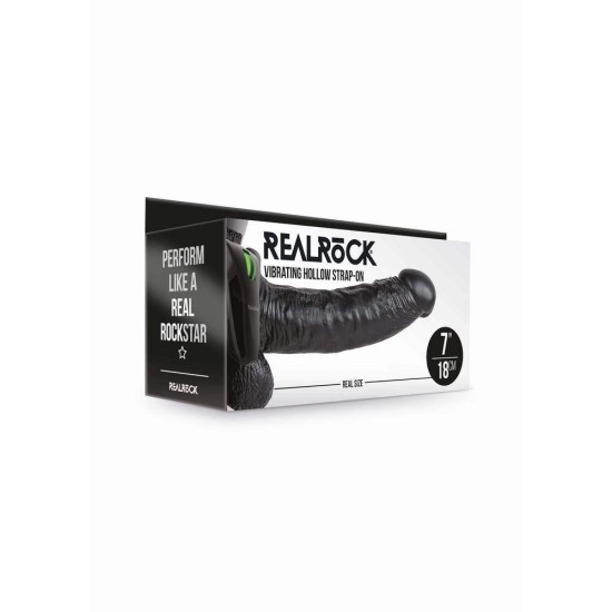 Κούφιο Δονούμενο Πέος Με Ζώνη - Realrock Vibrating Hollow Strap On Black 23cm Sex Toys 