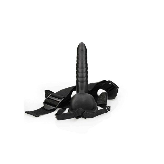 Hollow Strap On With Balls Ribbed Black 21cm Sex Toys