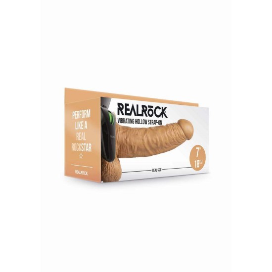 Κούφιο Δονούμενο Πέος Με Ζώνη - Realrock Vibrating Hollow Strap On Brown 23cm Sex Toys 