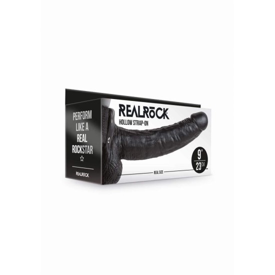 Κούφιο Πέος Με Ζώνη - Realrock Hollow Strap On With Balls Black 27cm Sex Toys 