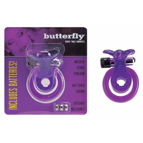 Δαχτυλίδι Πέους Με Δόνηση - Cock & Ball Vibrating Harness Butterfly Purple Sex Toys 
