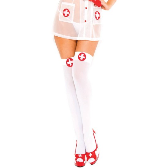 Άσπρες Ψηλές Κάλτσες Νοσοκόμας - Nurse White Cross Thigh Hi White Red Ερωτικά Εσώρουχα 