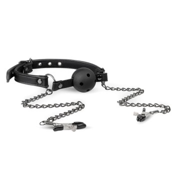 Open Ball Gag With Nipple Clamps Black