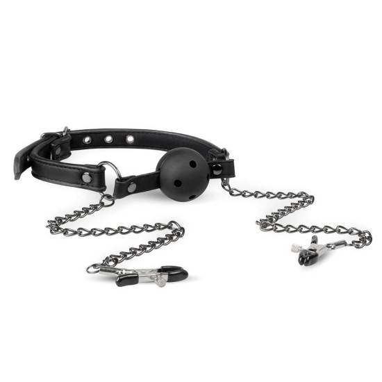 Open Ball Gag With Nipple Clamps Black Fetish Toys 