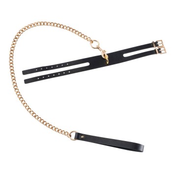 Δερμάτινο Κολάρο Με Χρυσή Αλυσίδα - GP Premium Collar & Leash Black