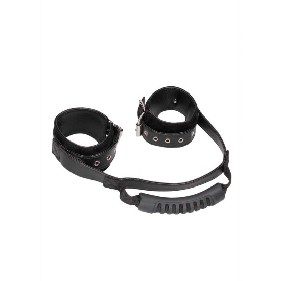 Ouch Bonded Leather Wrist Cuffs With Handle Black Fetish Toys 