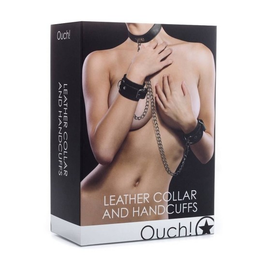 Ouch Leather Collar And Handcuffs Black Fetish Toys 
