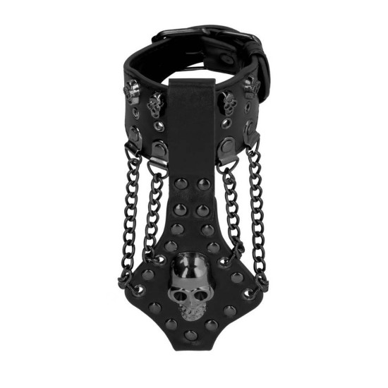 Δερμάτινο Βραχιόλι Με Αλυσίδες - Skull & Bones Skull Bracelet With Chains Black Fetish Toys