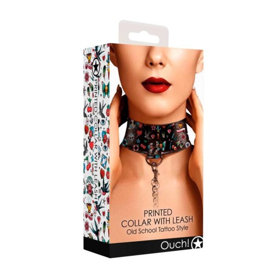 Ouch Printed Collar With Leash Old School Tattoo Fetish Toys 
