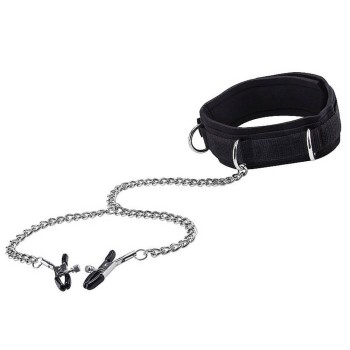 Ouch Velcro Collar With Nipple Clamps Black