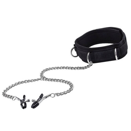 Ouch Velcro Collar With Nipple Clamps Black Fetish Toys 