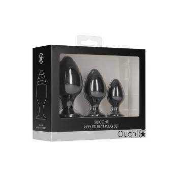 Ouch Silicone Rippled Butt Plug Set Black