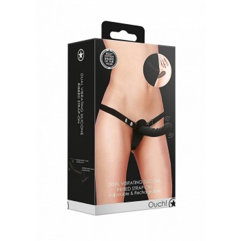 Ouch Dual Vibrating Silicone Ribbed Strap On Black