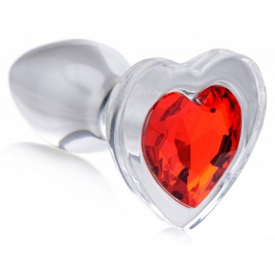 Γυάλινη Πρωκτική Σφήνα Με Κόσμημα Καρδιά - Red Heart Glass Anal Plug With Gem Small 7.10cm Sex Toys 