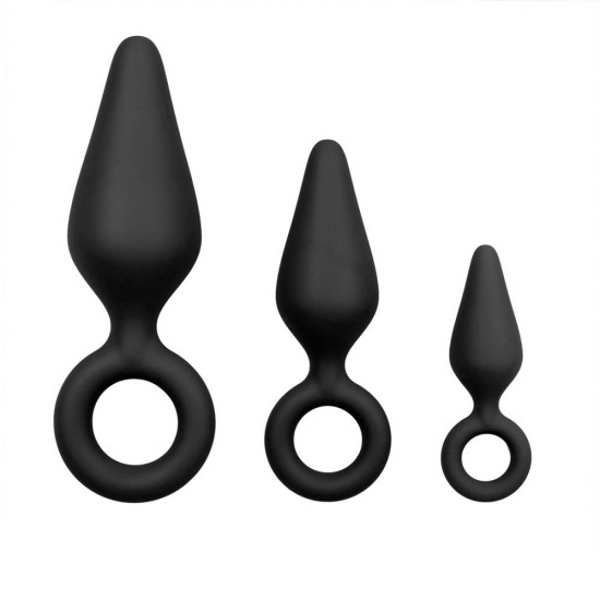 Black Buttplugs With Pull Ring Set Sex Toys