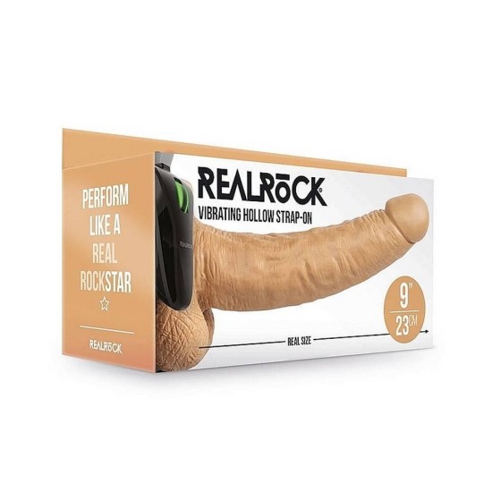 Κούφιο Δονούμενο Πέος Με Ζώνη - Realrock Vibrating Hollow Strap On With Balls Brown 27cm Sex Toys 